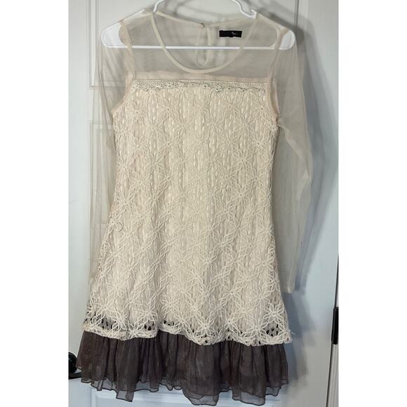 Ryu Anthropologie Ivory Flower Crochet Lace Mesh Brown Ruffle Boho Dress S - Picture 1 of 7